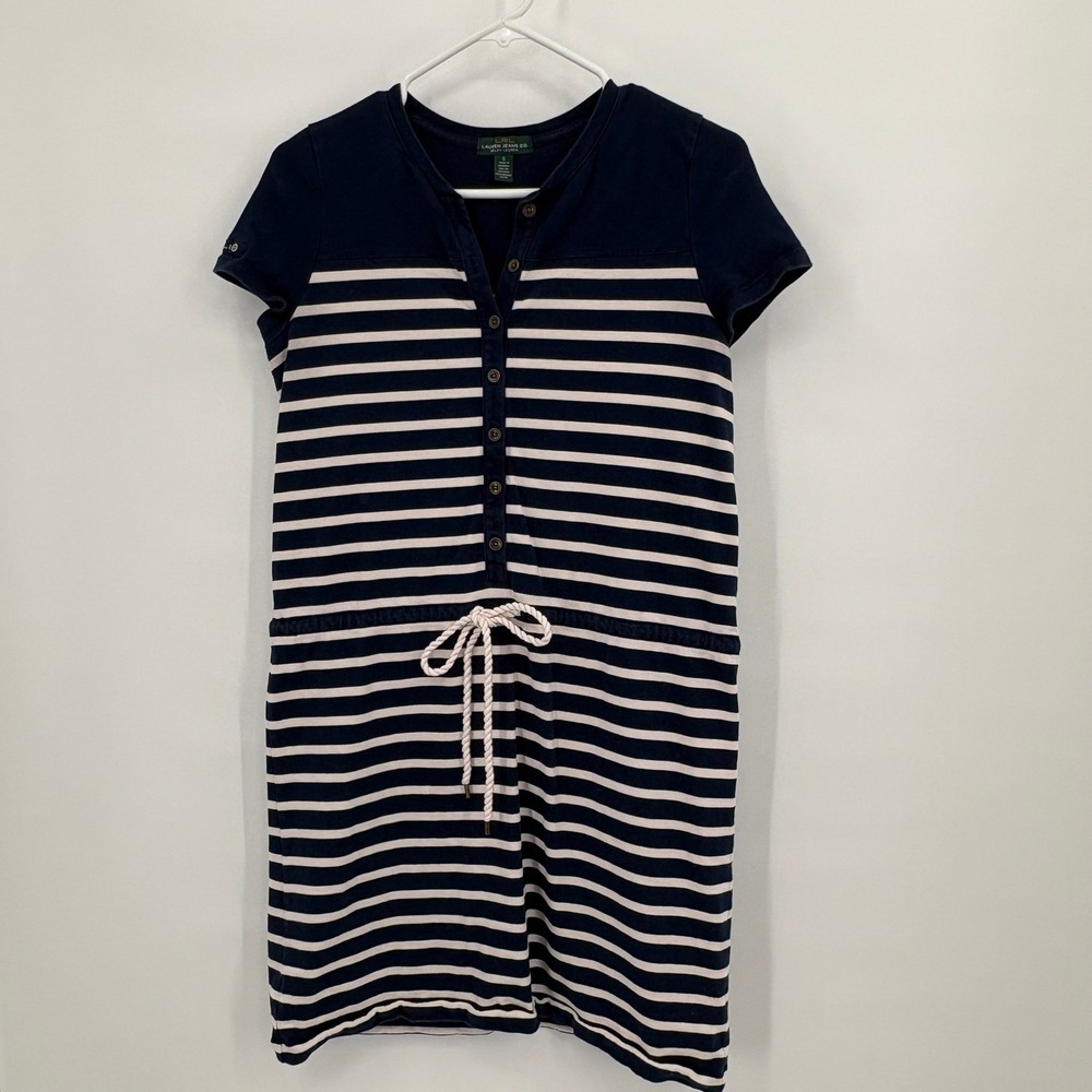 Lauren Ralph Lauren Navy Striped Henley T-Shirt Dress Rope Drawstring Small